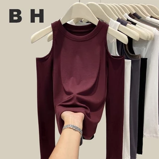 Bh เสื้อยืดแขนยาว คอกลม ผ้าฝ้าย เปิดไหล่ ทรงเข้ารูป สไตล์เกาหลี สําหรับผู้หญิง