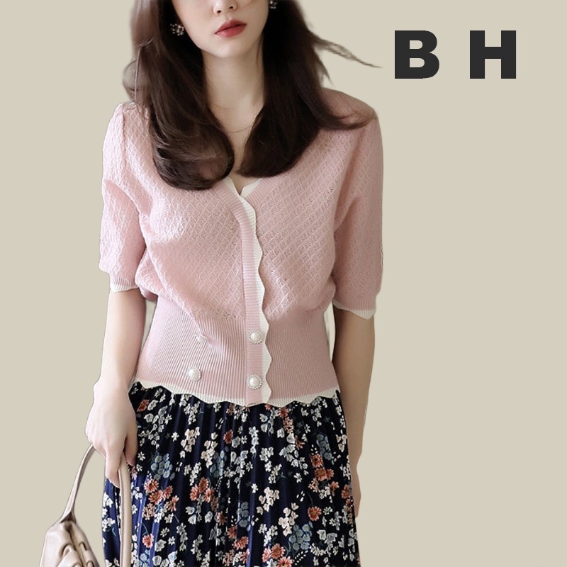 Women's elegant ice silk knit with medium sleeve V-neck