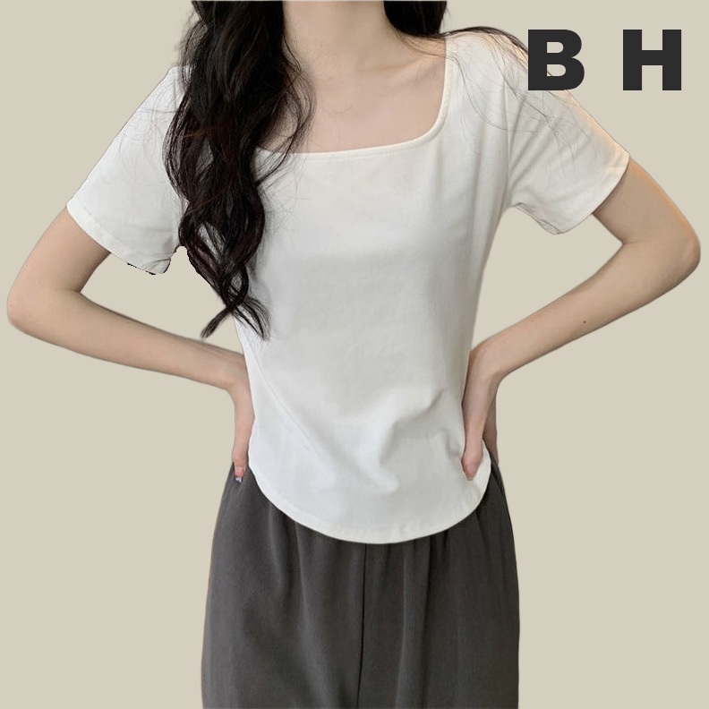 เสื้อยืดแขนสั้น คอสี่เหลี่ยม เข้ารูป สีพื้น สไตล์เกาหลี สําหรับผู้หญิง