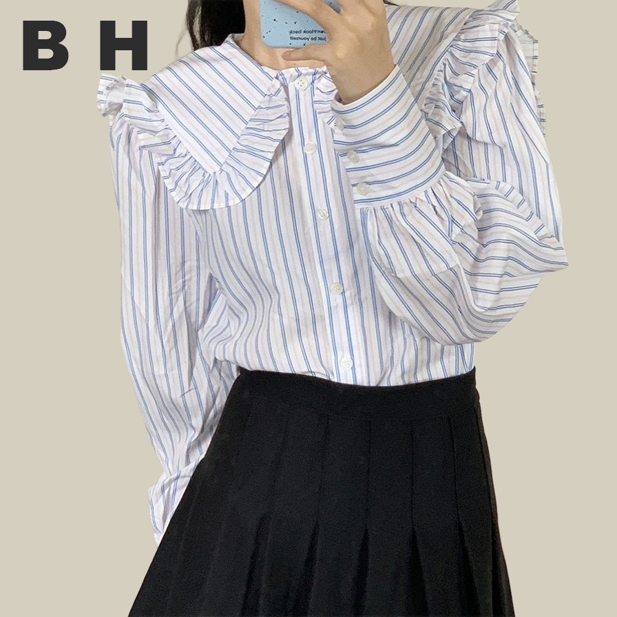 Bh เสื้อเบลาส์ แขนยาว คอตุ๊กตา เข้ารูป ลายทาง แฟชั่นฤดูใบไม้ร่วง สําหรับผู้หญิง