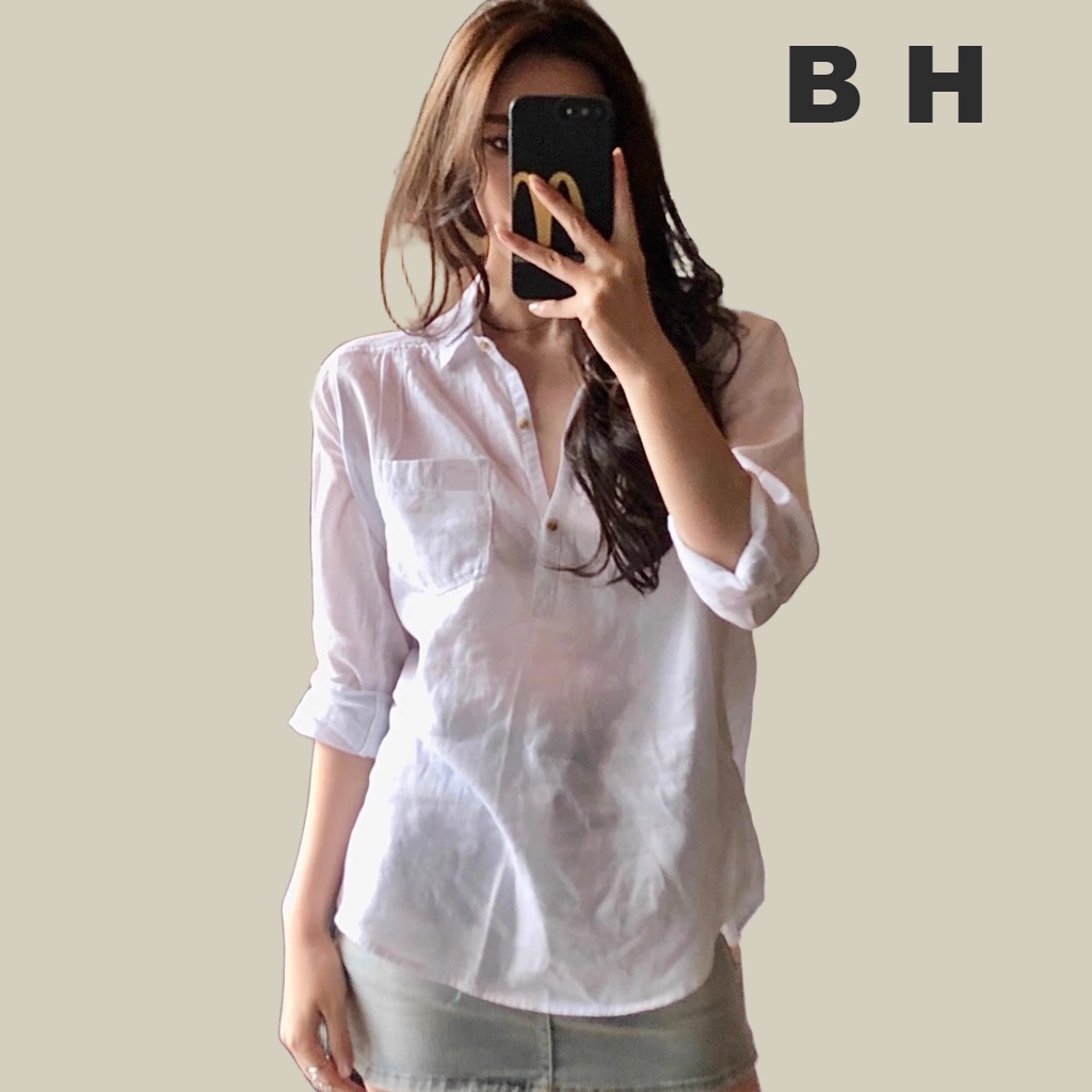 ข เสื้อเชิ้ตสีขาวผู้หญิงสไตล์เกาหลีแขนยาวคอวีรุ่นหลวม