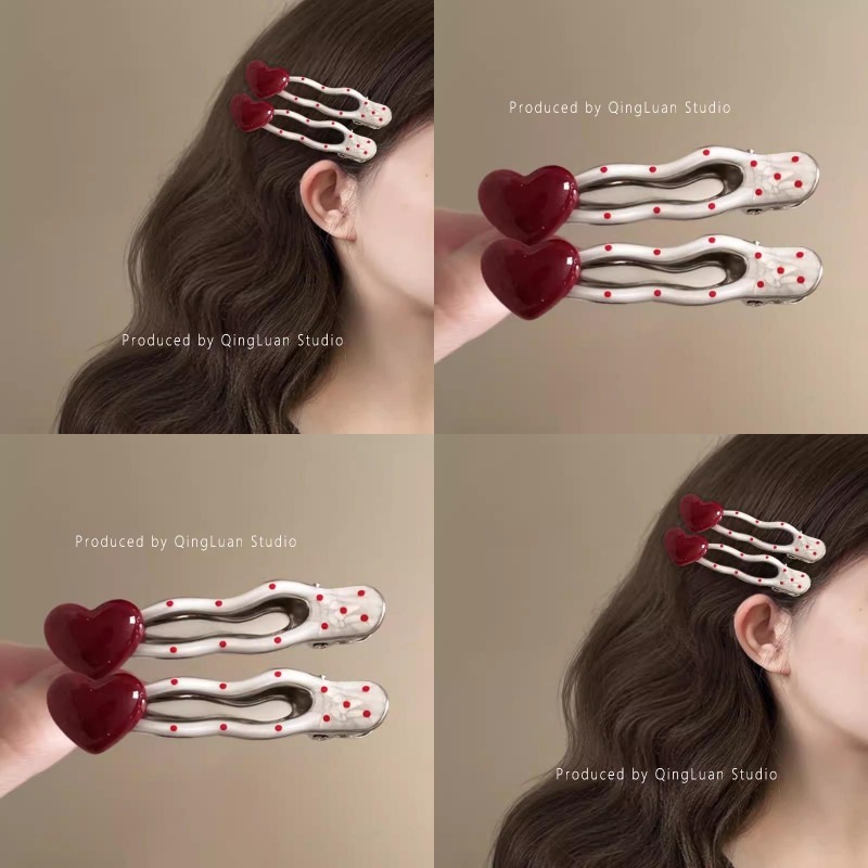 Love Polka Dot กิ๊บติดผมโลหะสาวหวานด้านข้าง Duckbill คลิป