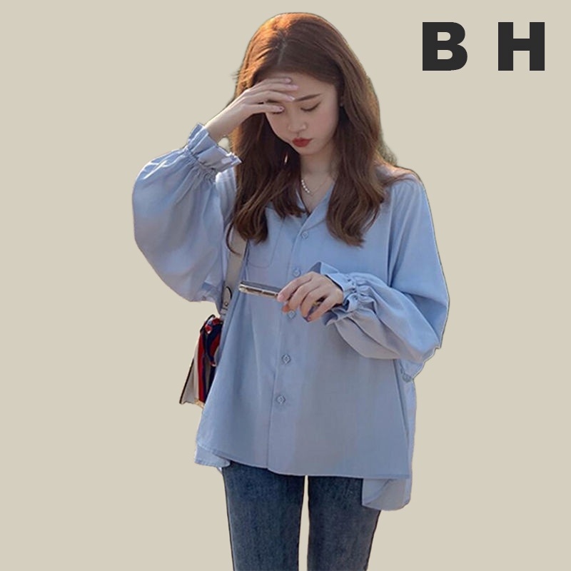 เสื้อเบลาส์ แขนยาว ผ้าชีฟอง ทรงหลวม สไตล์เกาหลี สําหรับผู้หญิง