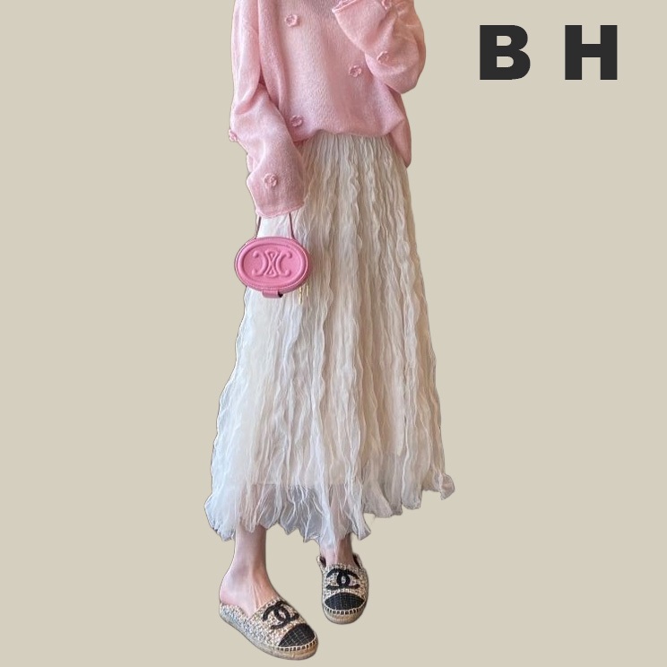 Bh แฟชั ่ นสุภาพสตรีกระโปรงตาข ่ ายหยักเอวสูงทรงเอจีบกระโปรงยาวลูกไม ้