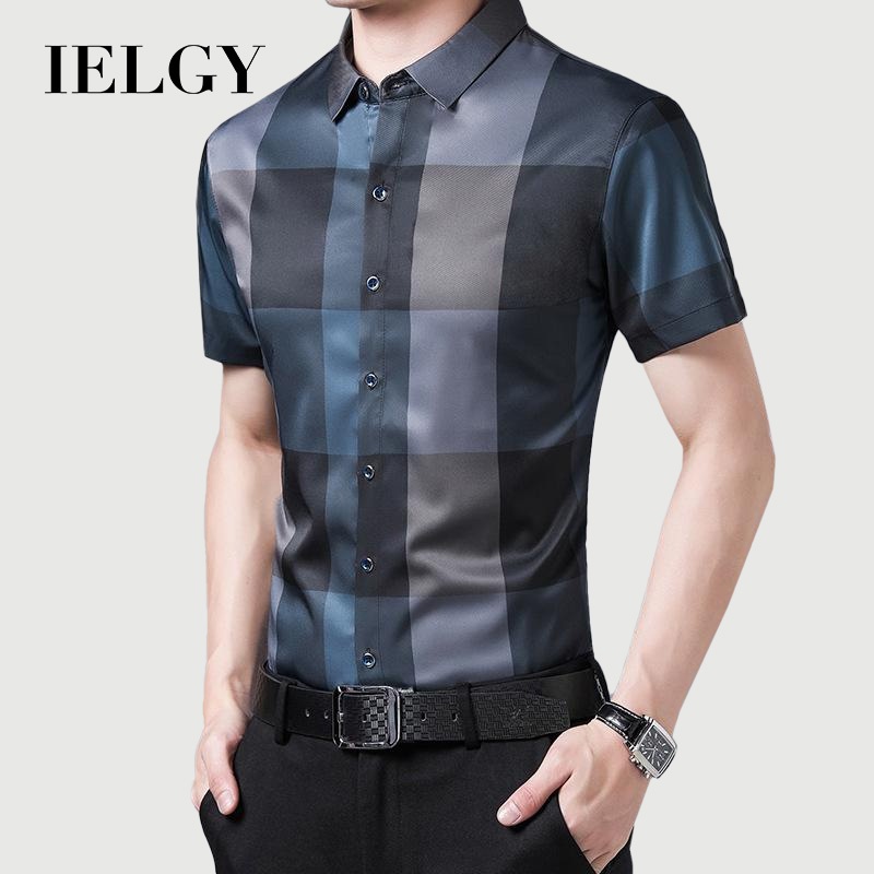 IELGY เสื้อเชิ้ตแขนสั้นลําลอง คอปก ลายสก๊อต แฟชั่นสําหรับผู้ชาย