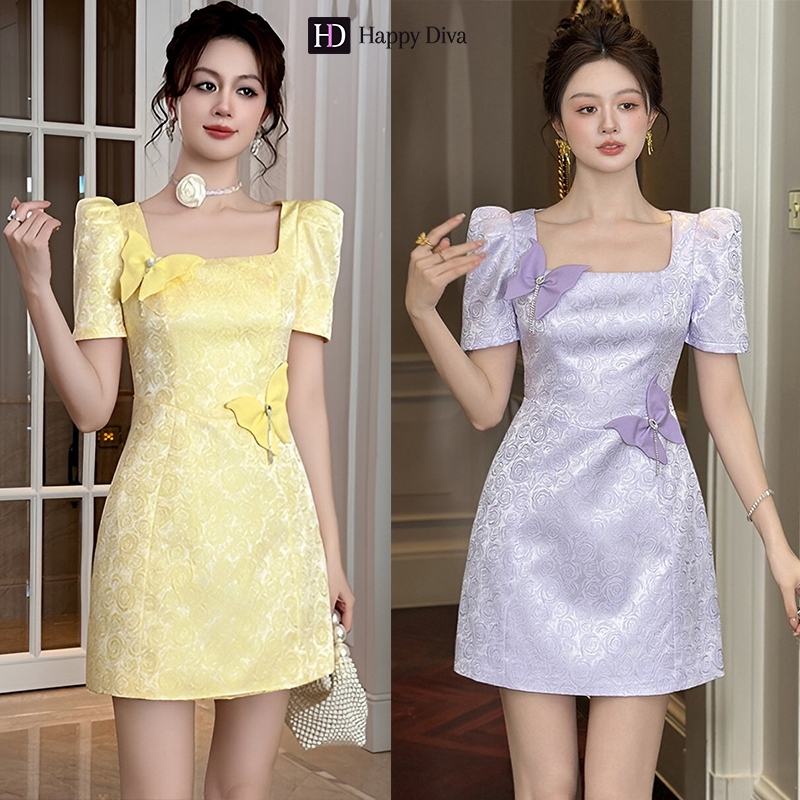 Happy Diva ชุดเดรสผู้หญิง เดรสพิมพ์ลาย มินิเดรส (สีม่วง/เหลือง) 15393