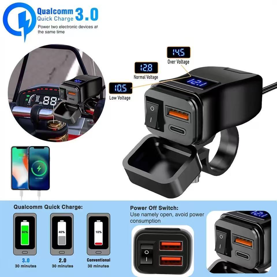 ເຄື່ອງຊາດໄວລົດຈັກ Dual USB QC3.0 ກັນນ້ຳ ພ້ອມໂວນ້ໍເວັນໄມເຕີດິຈິຕອນ