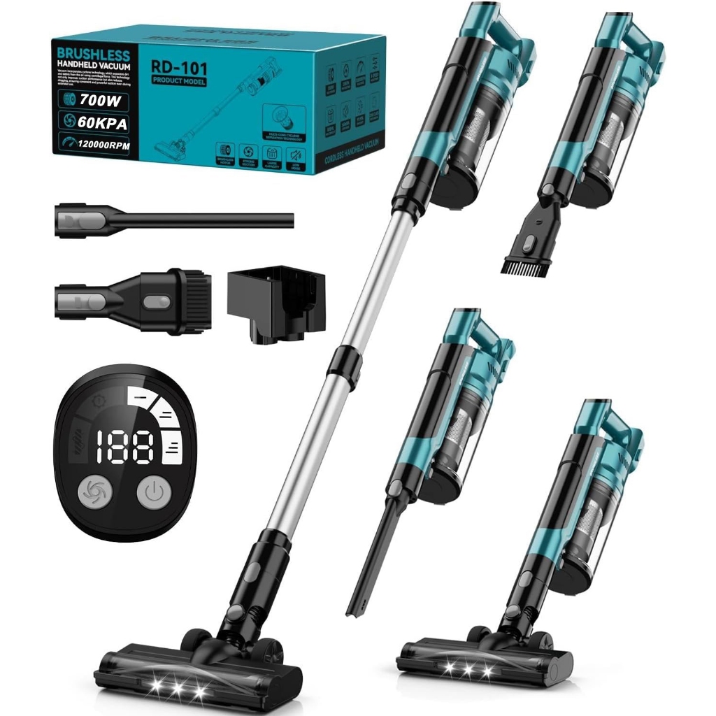 Qimedo 700W เครื่องดูดฝุ่นไร้สายสําหรับแบตเตอรี่ 21V, เครื่องดูดฝุ่นแท่งน้ําหนักเบาไร้แปรงถ่าน 60kPa พร้อมการดูด 3 โหมด, เครื่องฝุ่นแบบแท่ง 6 in 1 พร้อม HEPA สําหรับพื้น, พรม