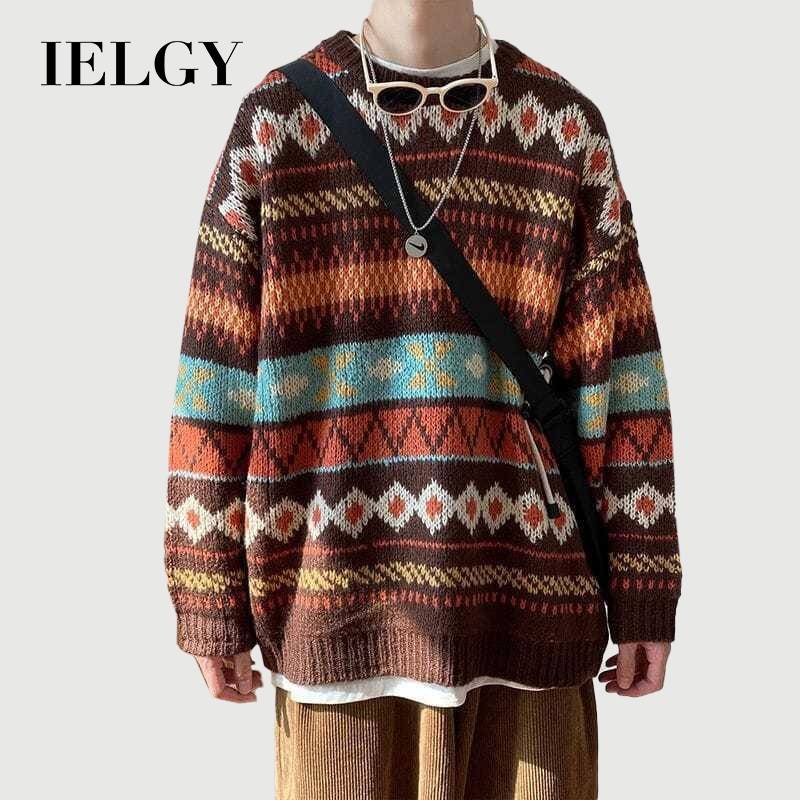 IELGY เสื้อสเวตเตอร์หนาทรงหลวมย้อนยุคหล่อสไตล์ฮ่องกง