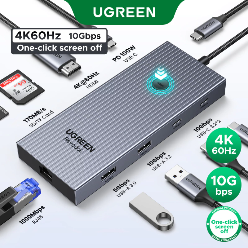 UGREEN 9-in-1 USB-C Hub HDMI 4K60Hz 5/10Gbps USB-C 3.2 USB-A 3.2 USB-A 3.0 RJ45 SD TF PD100W สําหรับ MacBook Dell HP แล็ปท็อปอุปกรณ์เสริม Docking