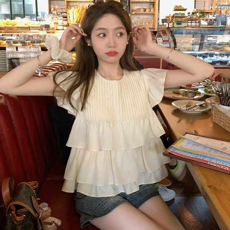 สไตล์เกาหลีผู้หญิงสุภาพสตรีหลวมจีบนัวเนียเสื้อแขนสั้นเสื้อ