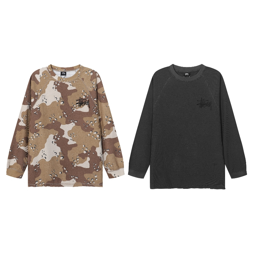 Street Street Wear Clothing Waffle Craft Design เสื้อยืดแขนยาวผู้ชายผู้หญิงสไตล์เดียวกัน