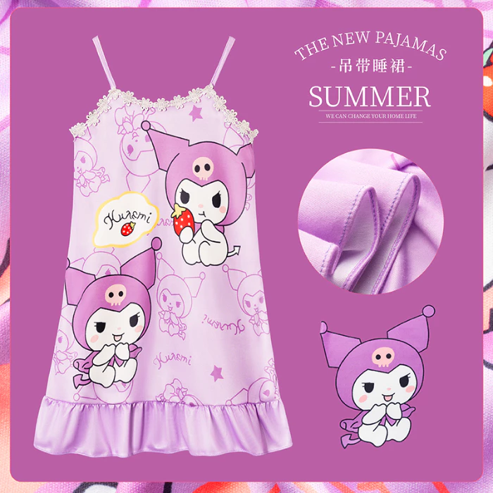 ชุดเดรสเด็กผู้หญิงน่ารักสาว Nightdress Kuromi ฤดูร้อน Cooling ชุดนอนเด็กเสื้อผ้าสาว