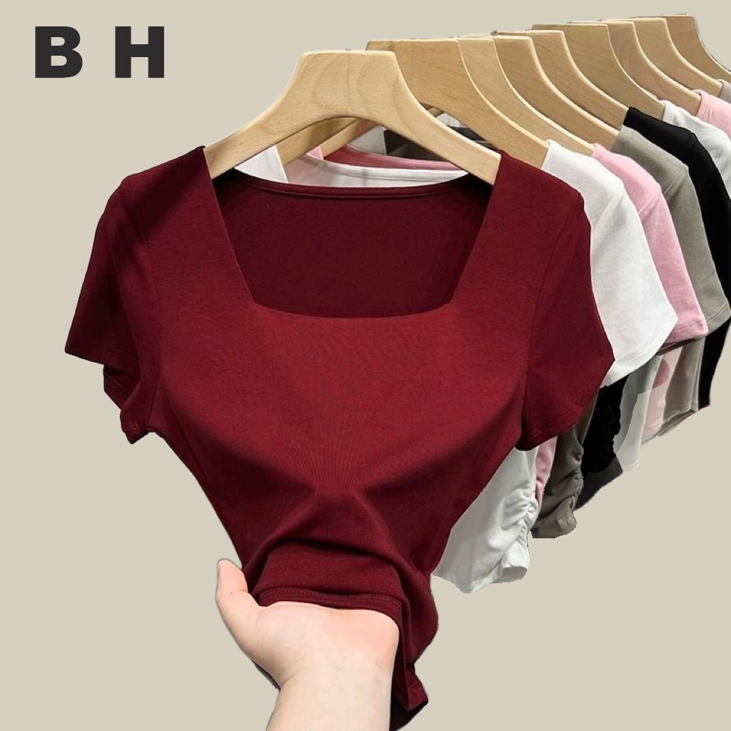Bh เสื้อยืด คอสี่เหลี่ยม แขนสั้น เปิดไหล่ สไตล์ฝรั่งเศส สําหรับผู้หญิง