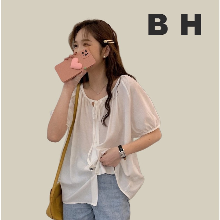 เสื้อชีฟอง แขนพอง สีพื้น ทรงหลวม สไตล์เกาหลี