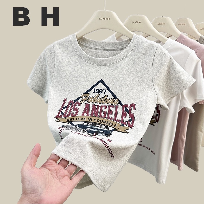 Bh ผู้หญิง อเมริกัน วินเทจ ผ้าฝ้าย แขนสั้น เสื้อยืด คอกลม พิมพ์ลาย ทรงสลิมฟิต – โปรปัง