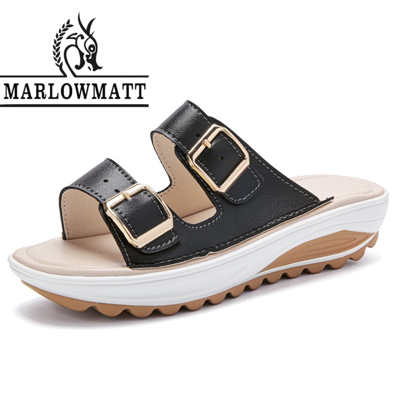 Marlowmatt รองเท้าแตะสุภาพสตรีหนากันลื่นทนต่อการสึกหรอหนังด้านบนระงับกลิ่นกายกันน้ํา