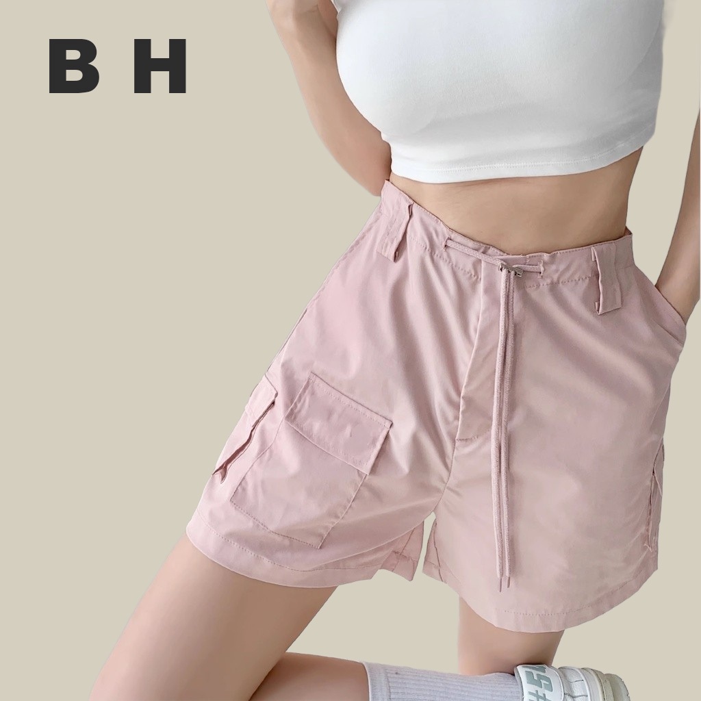 Bh กางเกงขาสั้นคาร์โก้ เอวต่ํา แบบผูกเชือก ทรงหลวม และบาง สไตล์อเมริกัน สําหรับผู้หญิง