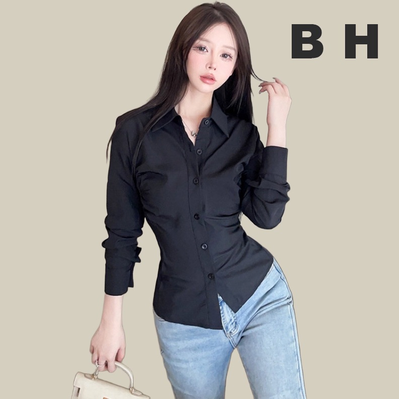 Bh เสื้อเชิ้ตแขนยาวรัดรูปจับจีบผู้หญิงสไตล์เกาหลีคอปกพับทรงสลิม