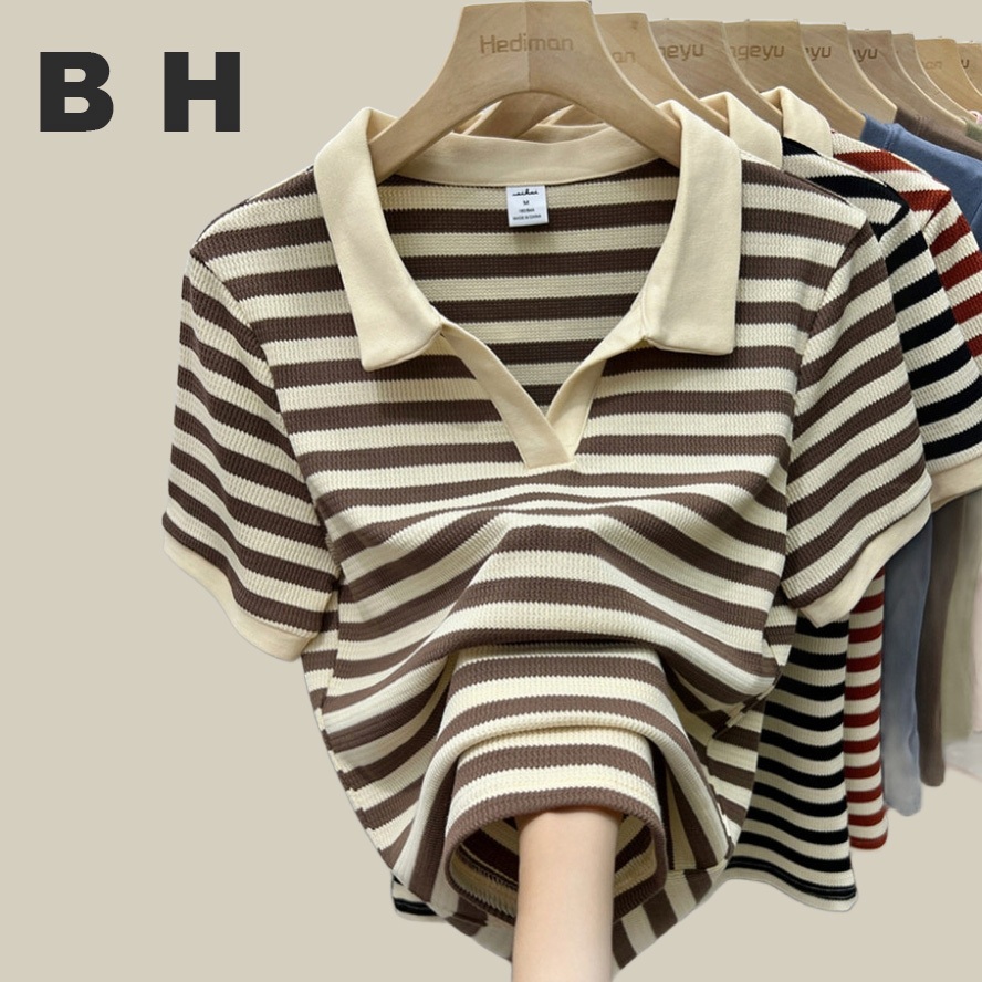 Bh Summer Womens Waffle striped T-shirt เสื้อโปโลแขนสั้นหลวมสบายๆ
