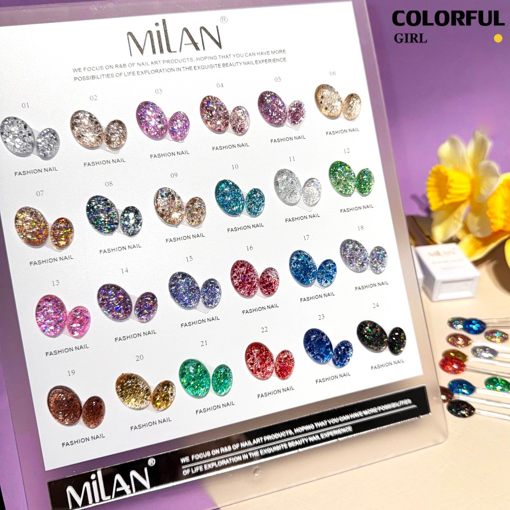 【พร้อมส่ง】สีสีเจล MILANสีกากเพชร สีเจลกลิซเตอร์ 24 สี แถม ชาร์ทสี(milan) สีเจลกลิซเตอร์