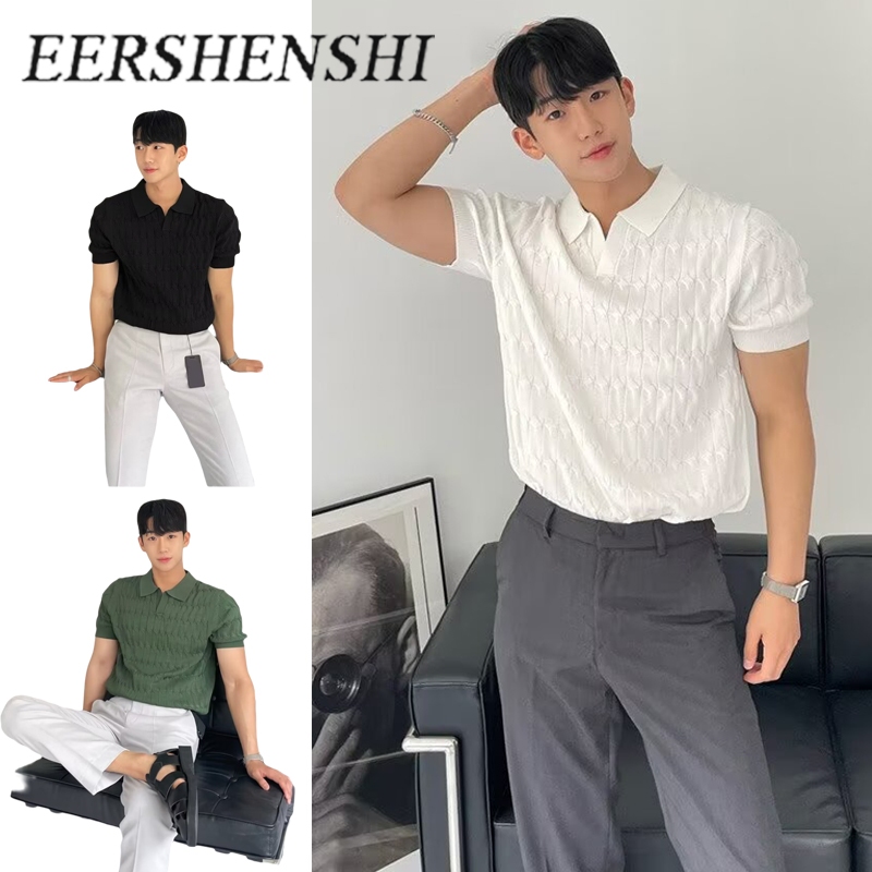 EERSHENSHI ฤดูร้อนผู้ชายแขนสั้น Twist Slim เสื้อโปโลอเนกประสงค์เกาหลี Casual เสื้อกันหนาวสีทึบ