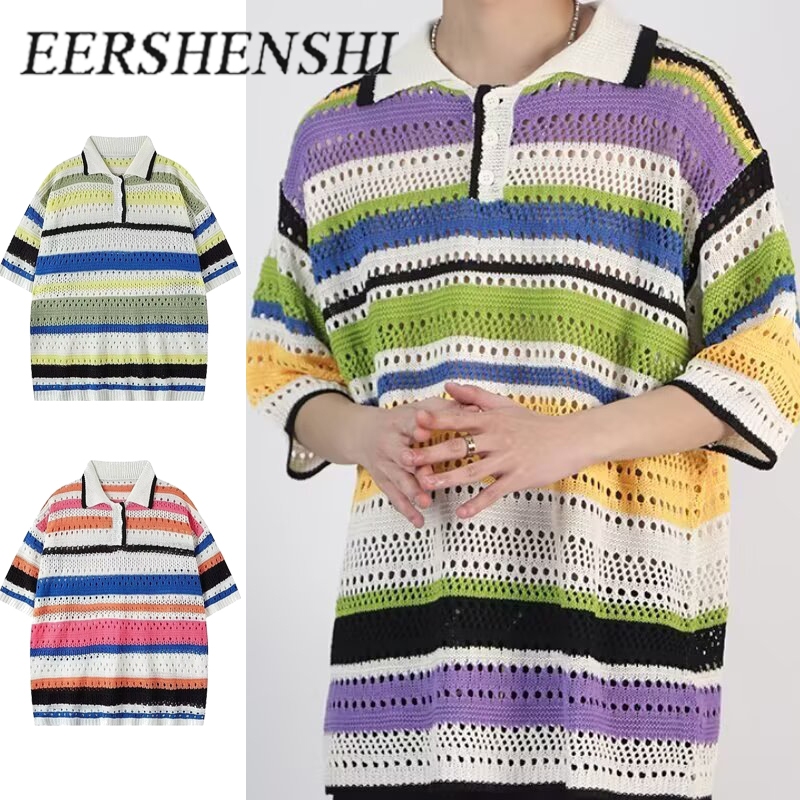 EERSHENSHI เสื้อโปโลถักผู้ชายสไตล์ Dopamine เสื้อยืดลายทางสีรุ้งฮิปฮอป