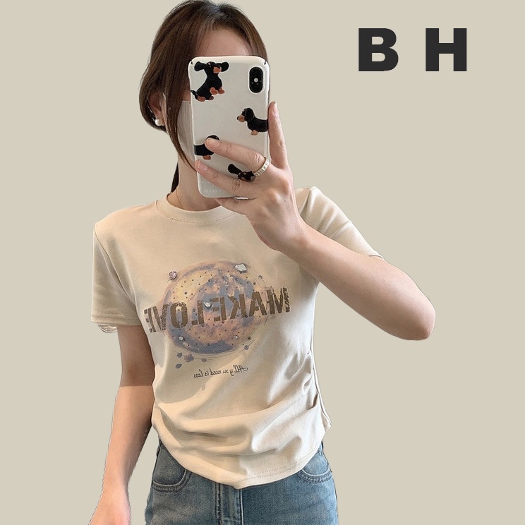 Bh ฤดูร ้ อนผู ้ หญิงผ ้ าฝ ้ ายเจาะร ้ อนตัวอักษรพิมพ ์ เสื ้ อยืดแขนสั ้ นคอกลมเอว