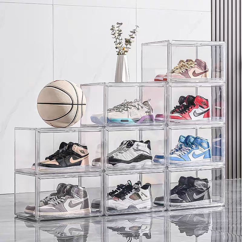 กล่องใส่รองเท้า แผงความโปร่งใสสูง วัสดุแบบอะคริลิคใส tower shoe box  ออกแบบฝาหน้าแม่เหล็กวางซ้อนได้ กันฝุ่น กันน้ำ กันกลิ่น