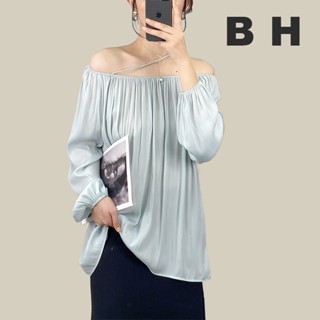 เสื้อท็อปหลวมผู้หญิงเกาหลีแขนยาวและปาดไหล่