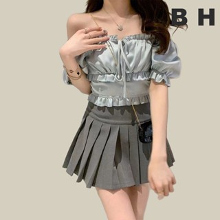 เสื้อครอปแขนสั้น คอสี่เหลี่ยม สไตล์เกาหลี สําหรับผู้หญิง