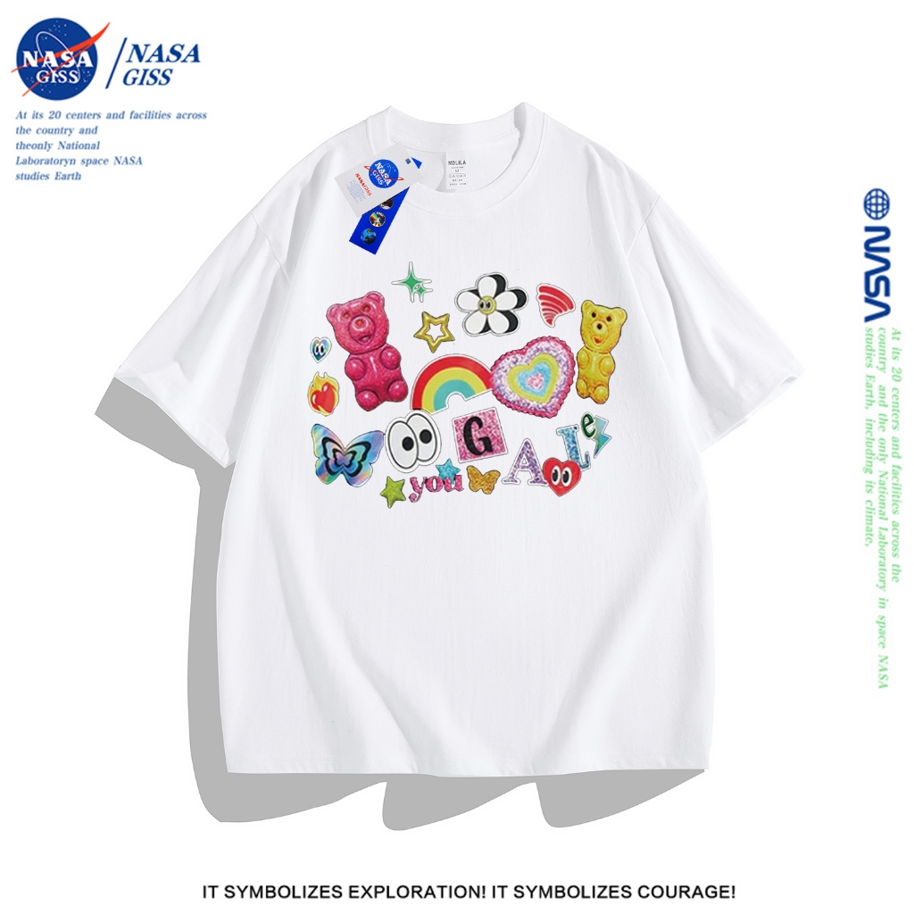 NASA เสื้อยืดชายหญิงแขนสั้น สตรีทฮิปฮอป summer Teddy bear เสื้อยืดพิมพ์ลาย คอตตอน คอกลม หลวมและระบายอากาศ