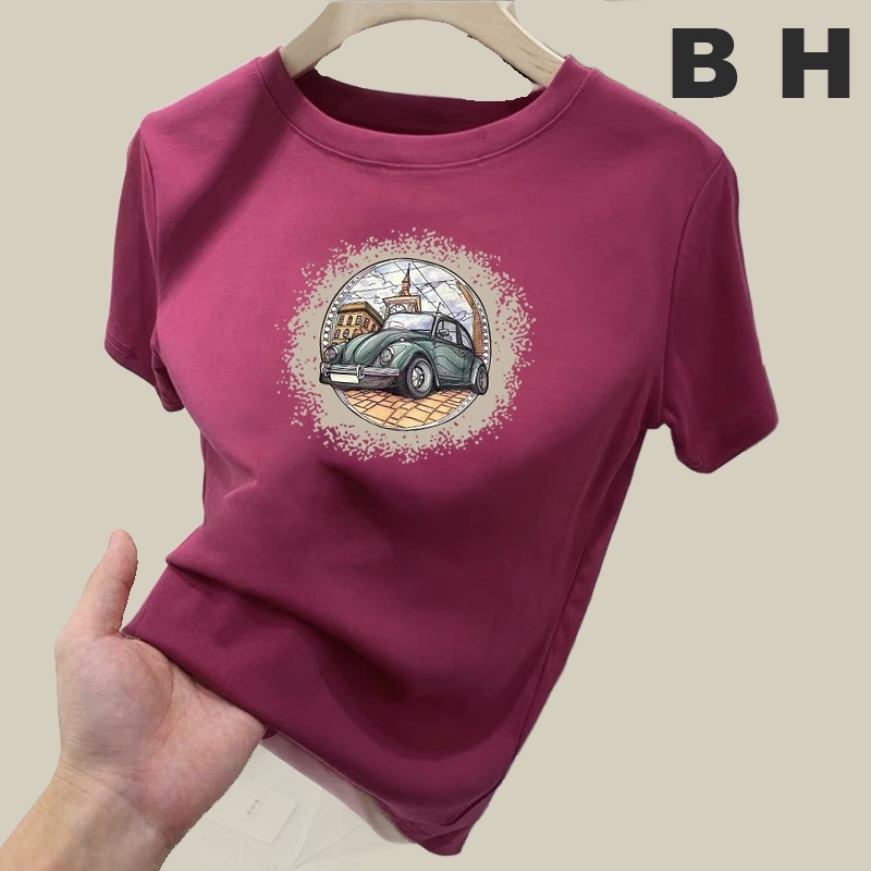 Bh เสื้อยืด คอกลม แขนสั้น ผ้าฝ้าย พิมพ์ลายรถยนต์ แฟชั่นฤดูร้อน สําหรับผู้หญิง