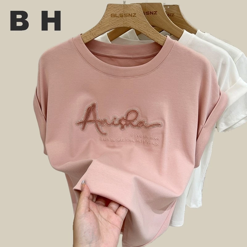 ข ผู้หญิงปักจดหมายแขนสั้นเสื้อยืดไหล่เต็มรอบคอรุ่นหลวม