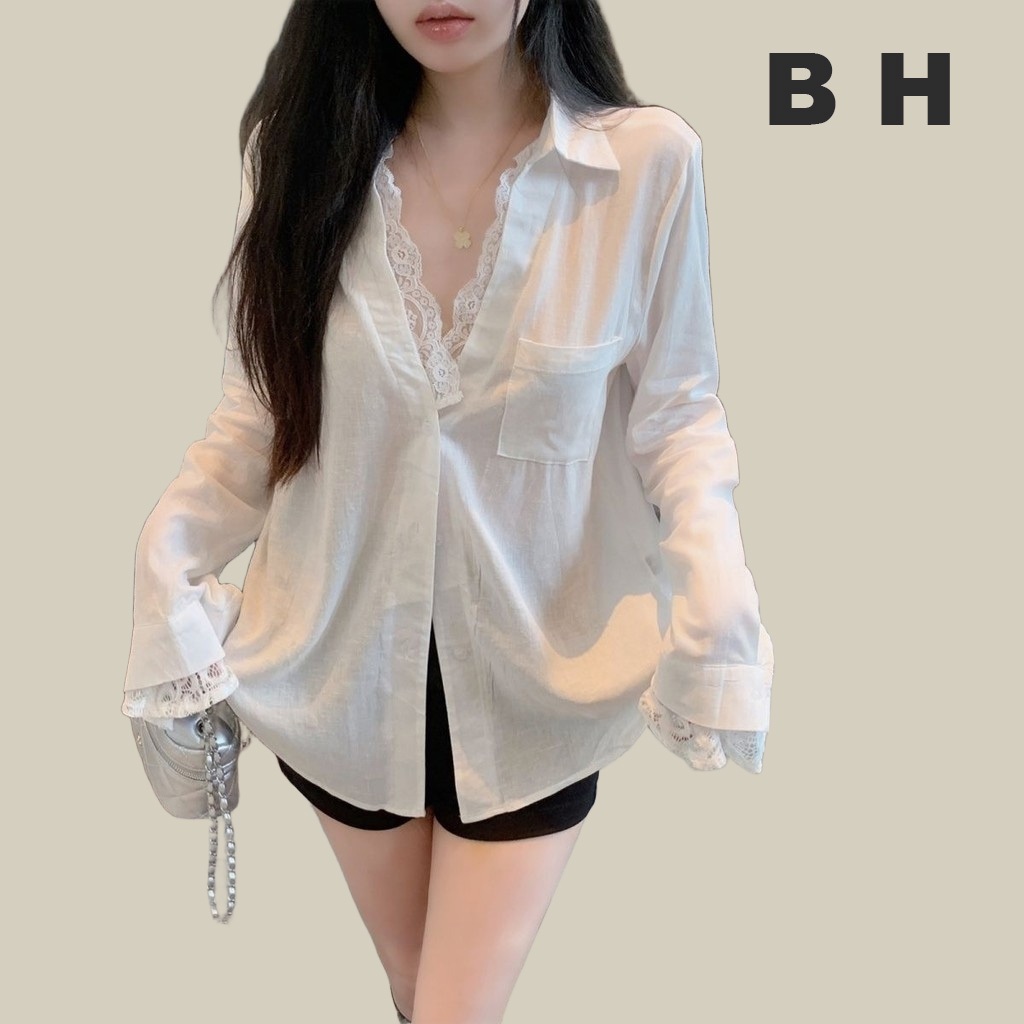 ข เสื้อเบลาส์ผ้าฝ้ายผ้าลินินสีขาวฤดูใบไม้ร่วงของผู้หญิงสไตล์เกาหลีแขนยาวลูกไม้คอวียาวปานกลาง