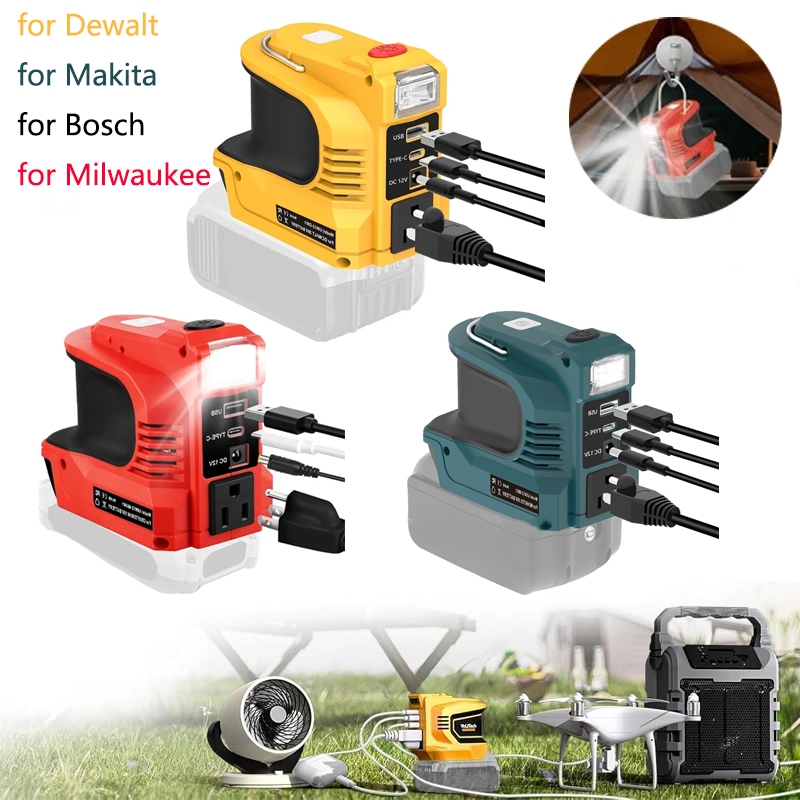 แบบพกพา 180W อินเวอร์เตอร์สําหรับ Makita/Bosch/Dewalt/Milwaukee18V/20V แบตเตอรี่ลิเธียมอะแดปเตอร์ไฟ LED สําหรับการชาร์จกลางแจ้ง