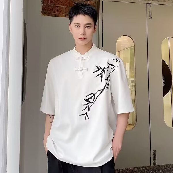 เอ๋เซนชิ ฤดูร้อนใหม่สไตล์จีนปุ่มกบแขนสั้นเสื้อยืดผู้ชาย ซอก ปักไม้ไผ่ออกแบบ ย้อนยุค เสื้อยืดครึ่งแขน