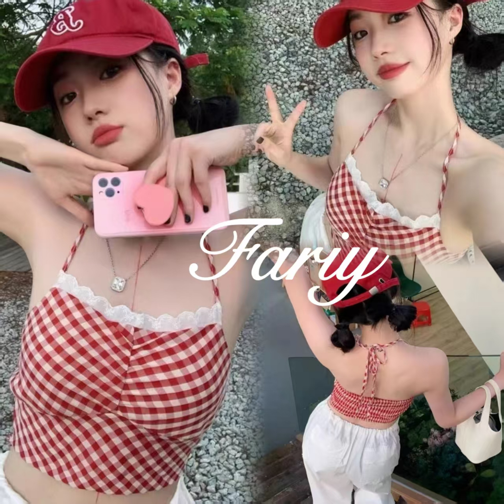 Fariy🍒คลังสินค้าพร้อม🍒 เสื้อกล้ามคอฮอลเตอร์ลายสก็อตสีแดงสำหรับผู้หญิงในฤดูร้อน เสื้อท่อนบนขอบลูกไม้สวยงาม