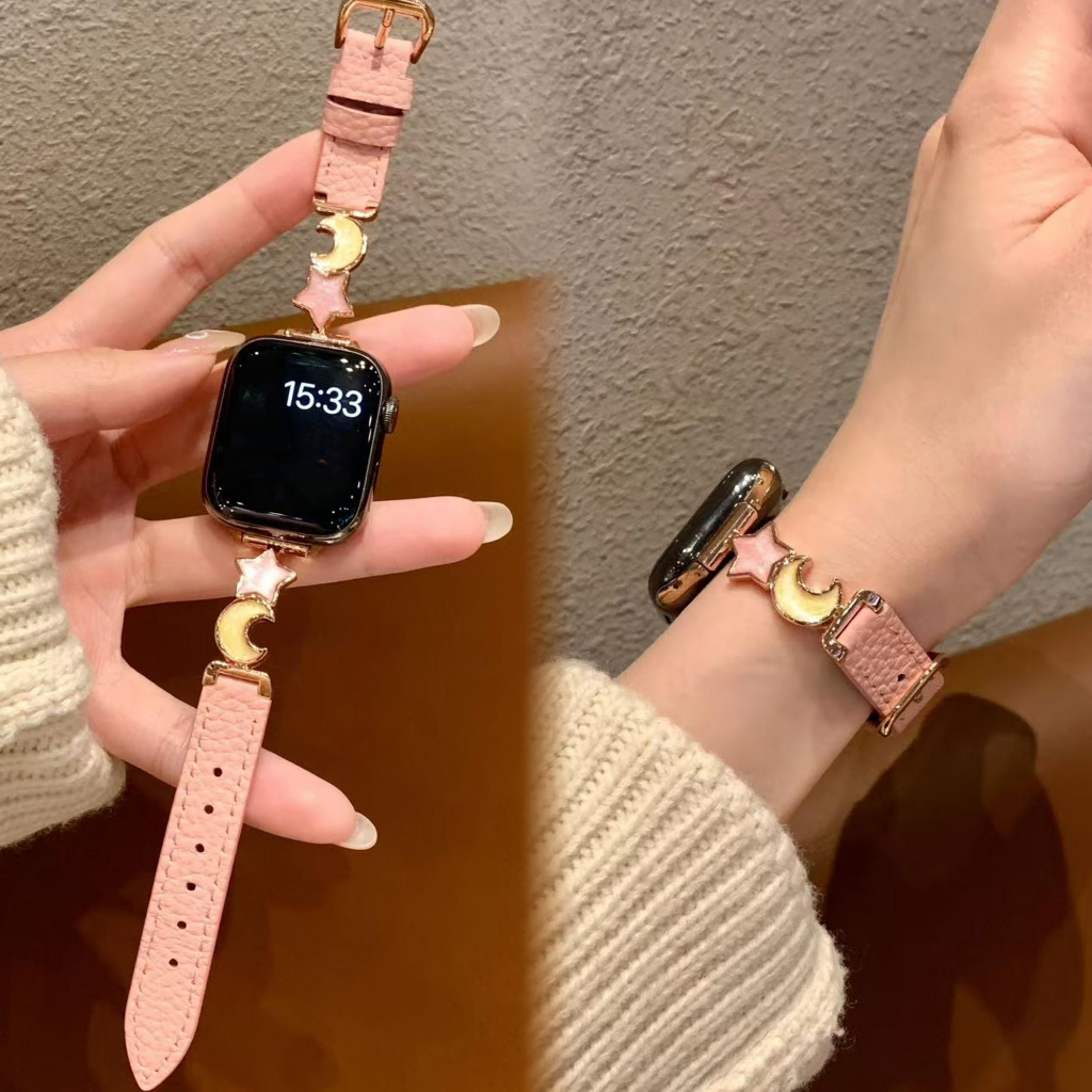 สายหนัง Star Moon เข้ากันได้กับ Apple Watch 38/40/41/42/44/45/46/49 มม. สําหรับผู้ชาย ดีไซน์ประณีตพรีเมียม