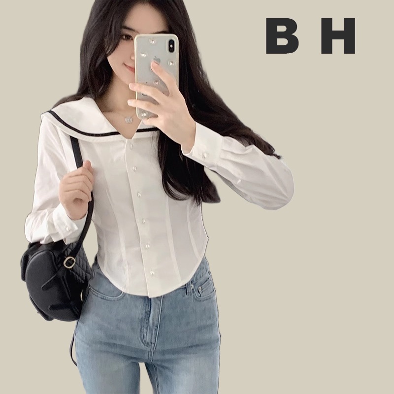 Bh เสื้อเชิ้ตแขนยาว คอปก สีกรมท่า ทรงสลิมฟิต เหมาะกับฤดูใบไม้ร่วง สําหรับผู้หญิง