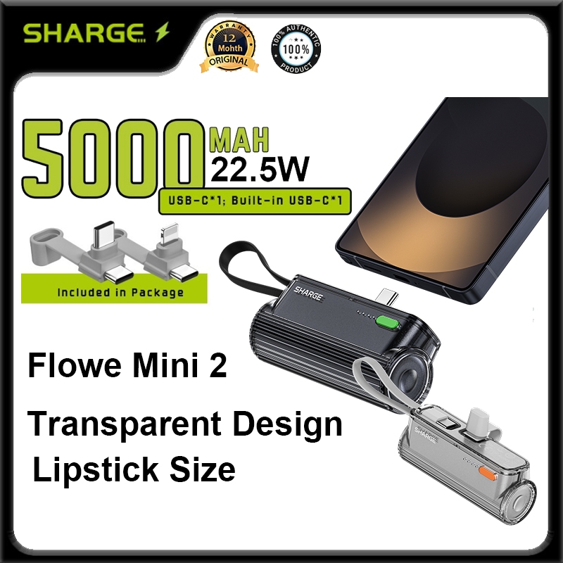 Sharge Flow Mini 2 พาวเวอร์แบงค์แบบพกพาสายเคเบิลในตัว 22.5W Max Fast Charging Mini Powerbank