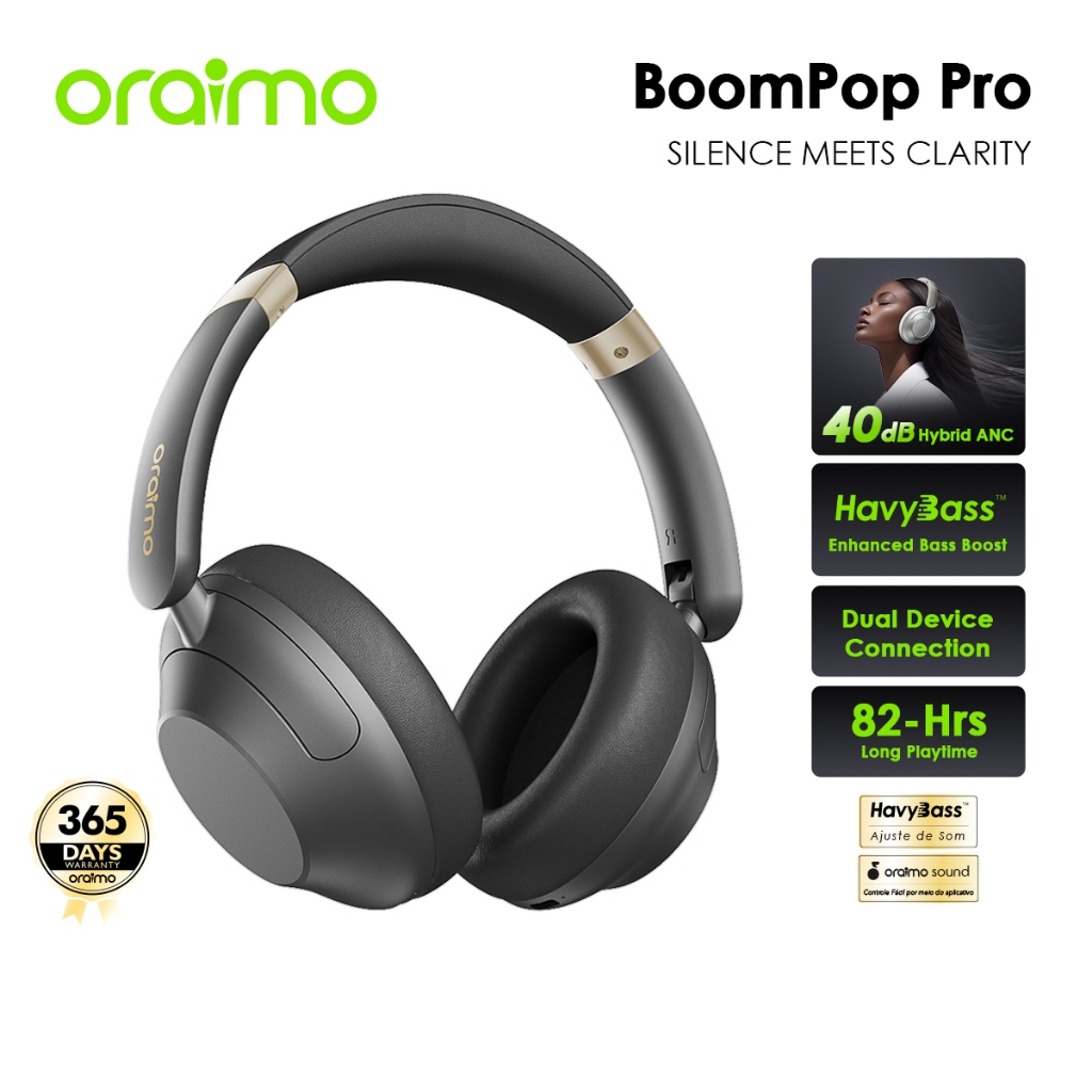 หูฟังไร้สายแบบครอบหู oraimo BoomPop Pro OHP-917 ตัดเสียงรบกวน Hybrid 40dB แบตอึด 65 ชม. คุยชัด ENC โหมดเกมเสียงไว ปรับ EQ ได้ผ่านแอป เชื่อมต่อ 2 อุปกรณ์ ควบคุมผ่านแอป oraimo sound
