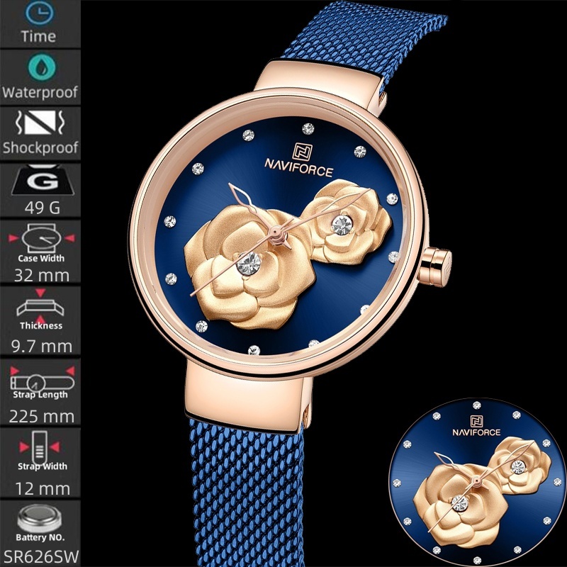 นาวีฟอร์ซ สไตล์เรียบง่ายสตรีควอตซ์นาฬิกากันน้ําจอแสดงผลอะนาล็อกแก้วแร่ดอกไม้หน้า