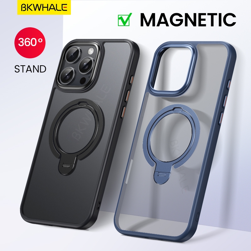 BKWHALE 360° หมุนวงเล็บเคสโทรศัพท์แม่เหล็กสําหรับiPhone 17 Pro Max 16 Pro Max 16e 12 13 14 15 Pro Max 16 Plus 17e Airแหวนคู่พับขาตั้งโปร่งแสงปกหลังปลอกใส