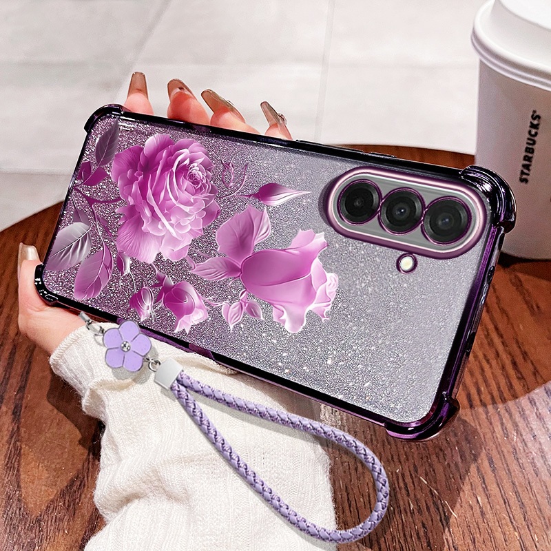 SAMSUNG สําหรับSamsung Galaxy A57 A37 A17 A56 A36 A26 A16 A55 A35 A25 A15 A54 A34 A24 A14 A04S A13 5G 4G Little Fresh Roseดอกไม้เชือกแขวนประกายแป้งAnti Dropเคสโทรศัพท์