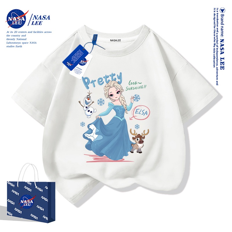 【สินค้าพร้อมส่ง】เสื้อยืดเด็กผู้หญิง NASA ผ้าฝ้ายสีขาว ลายเอลซ่า (Elsa) แฟชั่นสไตล์น่ารัก