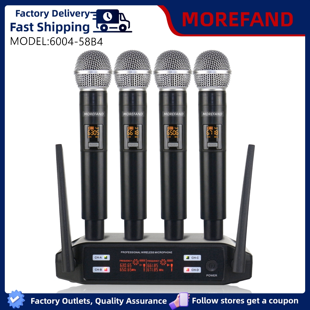 ระบบไมโครโฟนไร้สาย Prefessional 4-Channel Professional Handheld Mics สําหรับ Live Stage UHF 4 ไมค์