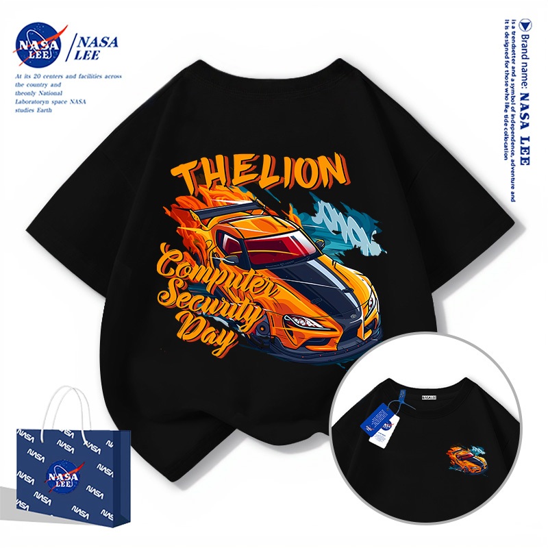 【สินค้าพร้อมส่ง】เสื้อยืดเด็ก NASA ผ้าฝ้ายสีดำ ลายรถแข่งสปอร์ต แฟชั่นสไตล์เท่ๆ สำหรับเด็กชาย-หญิง