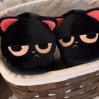 Xitiao Angry Little Black Cat รองเท้าแตะผ้าฝ้ายผู้ชายผู้หญิงคู่น่ารักการ์ตูนให้ความอบอุ่น