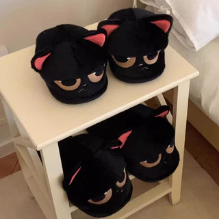 Xitiao Angry Little Black Cat รองเท้าแตะผ้าฝ้ายผู้ชายผู้หญิงคู่น่ารักการ์ตูนให้ความอบอุ่น